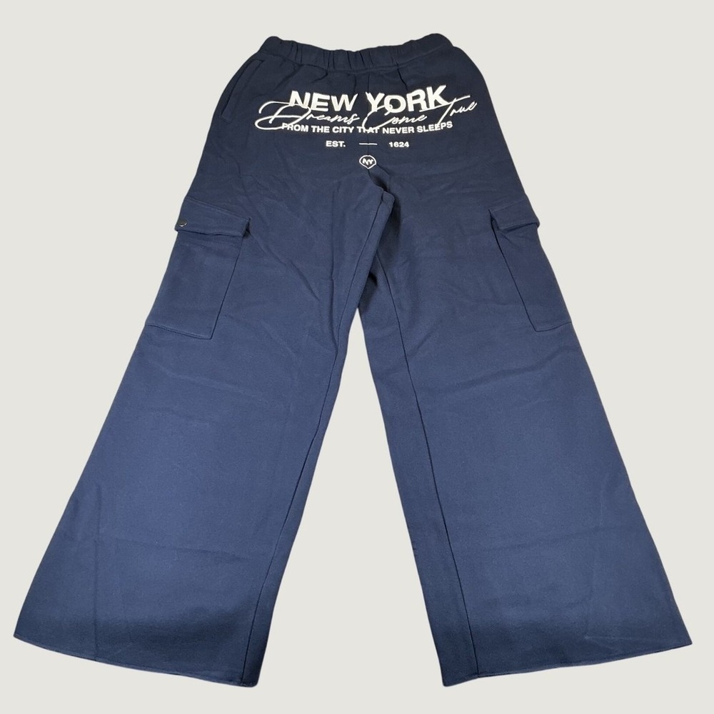 New York Graphic Cargo Sweatpants Women S Navy Wide Leg Streetwear Y2K NWT
